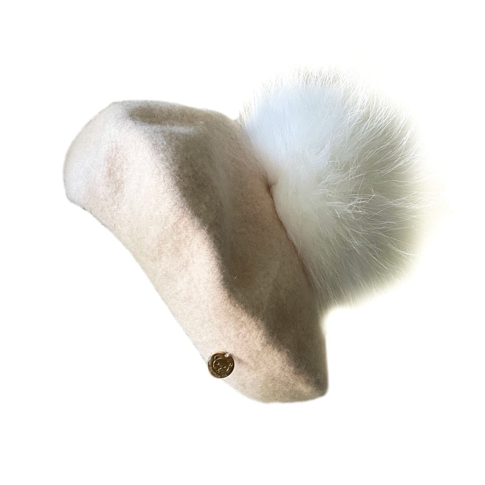 Petite Maison Kids Cream Wool Beret with White Fur Pom Pom NWT